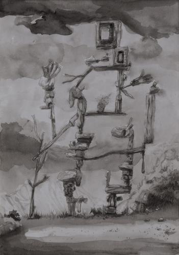 Jarek Piotrowski - Raw Fitting - Acrylic, oil and ink on paper - 36.4 x 25.7cm